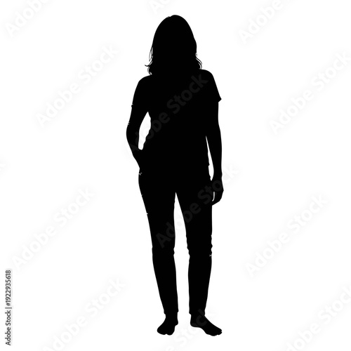 Confident full-body silhouette of a woman standing casually with her hands in pockets, on an isolated white background.
