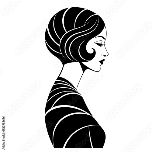 Stylish woman in profile with a classic 1920s finger wave hairstyle, depicted in a black and white illustration on an isolated white background.