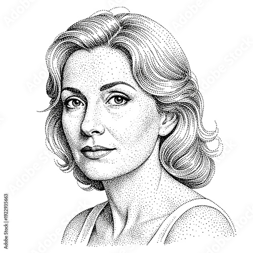 Approaching middle-aged woman with a gentle smile and short wavy hair, illustrated with stipple art texture on an isolated white background.