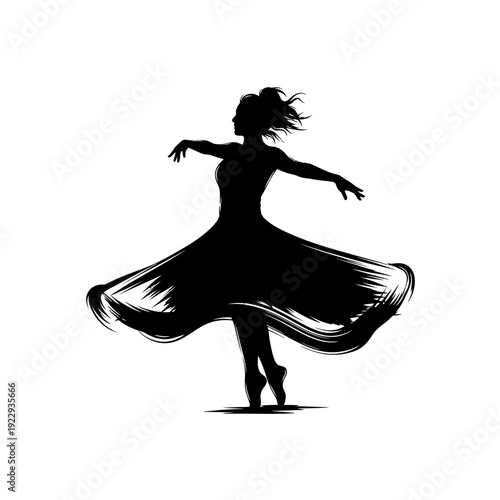 Graceful silhouette of a woman dancing with a flowing skirt, captured in motion on an isolated white background.