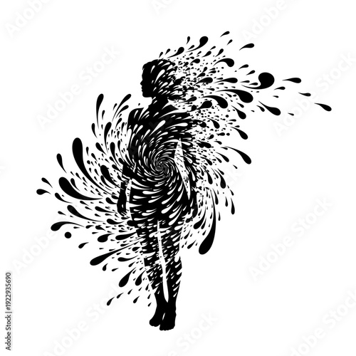 Dynamic abstract illustration of a woman's silhouette dispersing into swirling ink splashes, on an isolated white background.