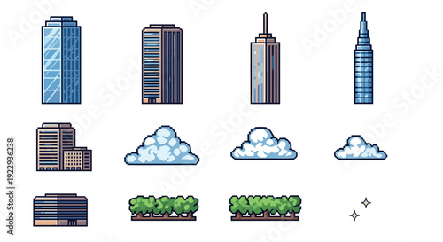 Pixel art skyscrapers and clouds with greenery and stars