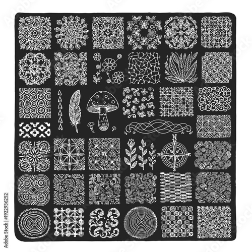 Collection of various nail art designs and patterns on a stencil.