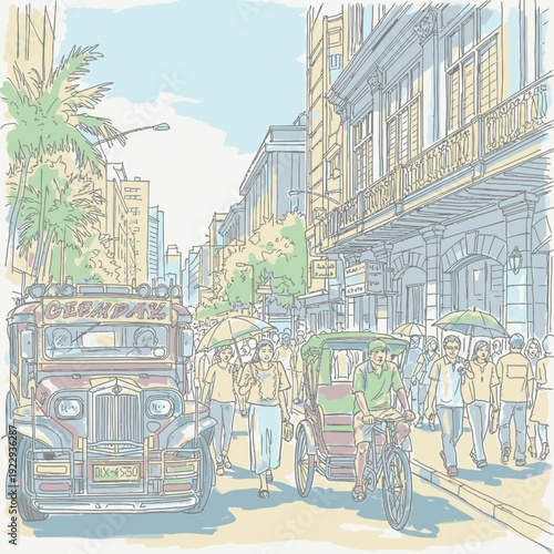 Vibrant City Street Scene with Tuk Tuks and Pedestrians.