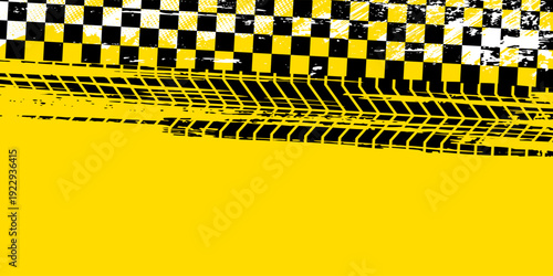 Rally racing sport grunge background, vector checkered flag and tire tracks road race pattern.