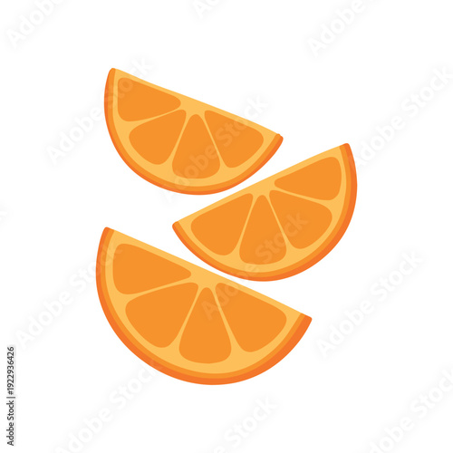 A group of three juicy orange slices. Fresh citrus pieces perfect for healthy eating blogs, nutrition infographics, and illustrating natural vitamin C sources in food products.