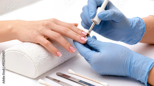 Professional pink gel polish application in a nail salon