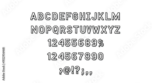 Outline alphabet and numbers with symbols on white background