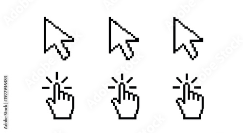 Pixel art cursor icons set with arrow and hand click in minimalist black and white design