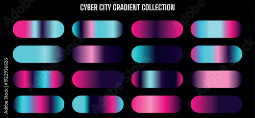 Vector Cyber City Gradient Collection: Pink, Blue, Purple Neon Color Swatches for UI, Web, Social Media Design