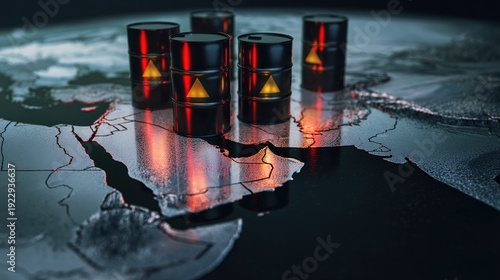Oil barrels on abstract world map red background. Crude oil production and refining industry. Copy paste, place for text