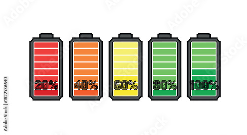 Colorful battery charge levels: 20% to 100% power indicators