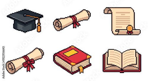 Pixel art graduation icons: cap, diploma, book set for educational design