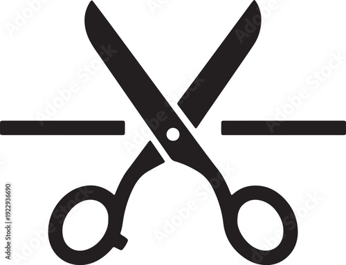 Black scissors cutting a horizontal line on a transparent background also transparent background