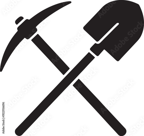 Black silhouette of a crossed pickaxe and shovel on a white background also transparent background