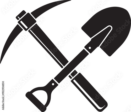 Black silhouette of crossed pickaxe and shovel on white background also transparent background tools