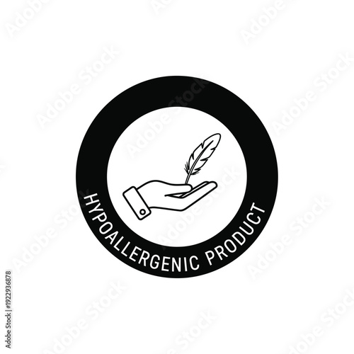 Vector illustration icon black and white logo with hand holding feather pen in circle with hypoallergenic product text