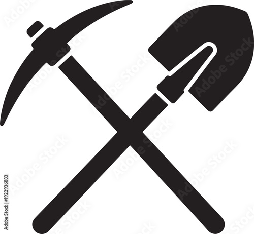 Black silhouette of crossed pickaxe and shovel on white background also transparent background