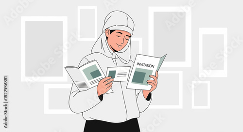 Woman in Hijab Reading Invitation Cards and Brochures with Blank Frames Background