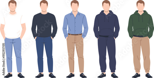 Men casual outfit collection with t shirt, sweater, button down shirt and hoodie styles flat vector illustration isolated on background