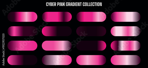 Vector cyber pink and magenta gradient swatches collection on black background, UI UX button color palette, web design element