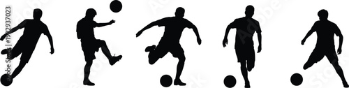 Five Black Silhouettes of Soccer Players in Action on White Background Keywords: soccer, football, player, silhouette, sport
