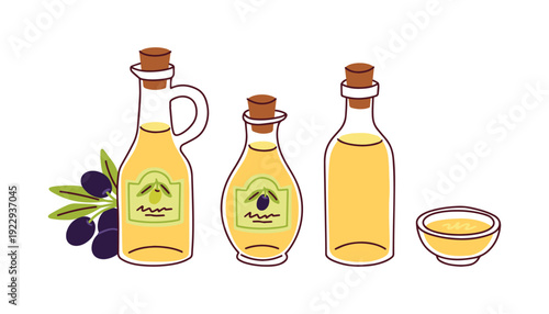 Three various bottles of olive oil standing in a row with a small glass bowl. High-quality natural oil for professional culinary use, healthy dressings, and kitchen design.