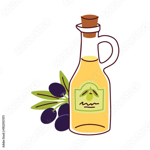 Glass bottle of olive oil decorated with a branch carrying fresh black and green olives. Elegant food element for organic labels, cosmetic products, and healthy eating concepts.