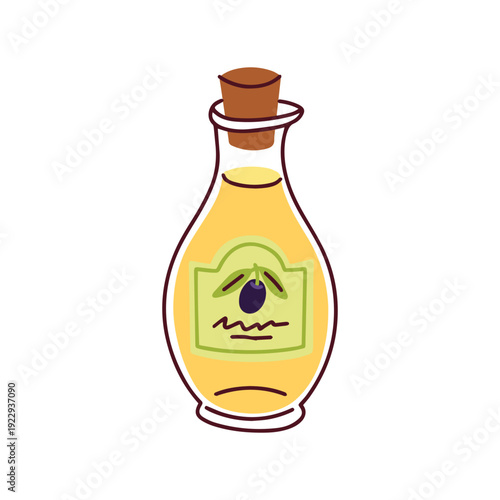A single glass bottle of pure olive oil isolated on a white background. Minimalist food icon for grocery catalogs, cooking apps, and healthy nutrition guides.