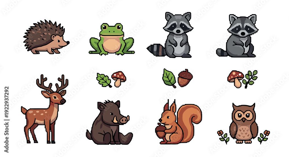 Obraz premium Cute woodland animals collection: cartoon forest creatures with nature elements