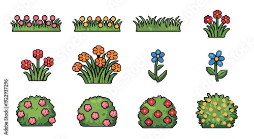 Colorful garden elements: icon set of floral and shrub designs with outline style