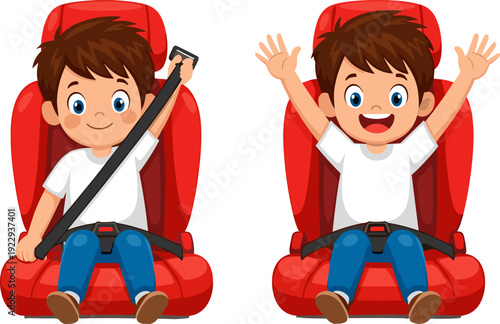 Boy Buckling Seat Belt in Car Seat, Child Vehicle Safety Illustration Set in Flat Cartoon Style