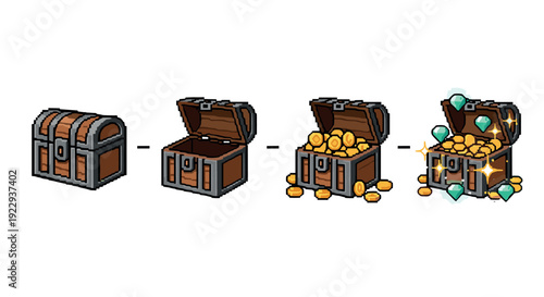 Evolution of a treasure chest from empty to overflowing with gold and gems in pixel art style