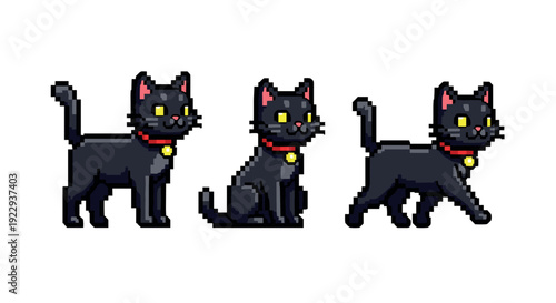 Charming pixel art black cat collection in various poses with red collar