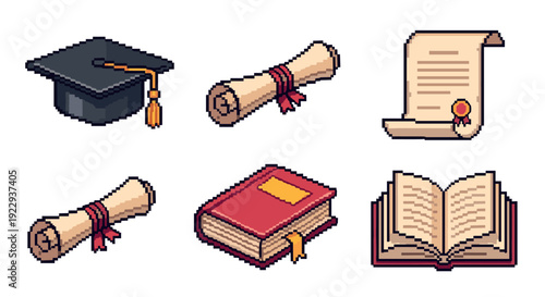 Pixel art education icons: graduation cap, diplomas, and books