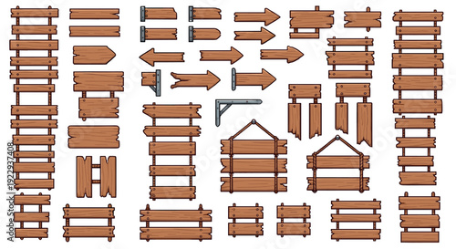 Rustic wooden signs and arrows collection with cartoon style elements