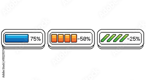 Pixel art progress bars set with different styles and percentage values