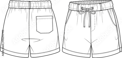 Casual Drawstring Shorts Front and Back View Technical Fashion Sketch in Flat Illustration Style