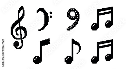 Retro pixel art music notes collection for digital designs