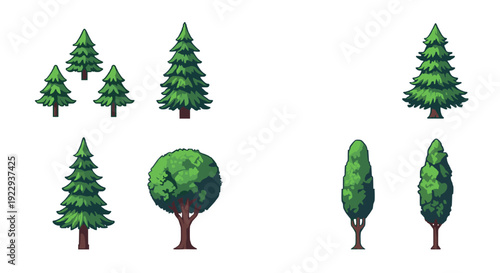 Collection of hand-drawn cartoon trees isolated on white background