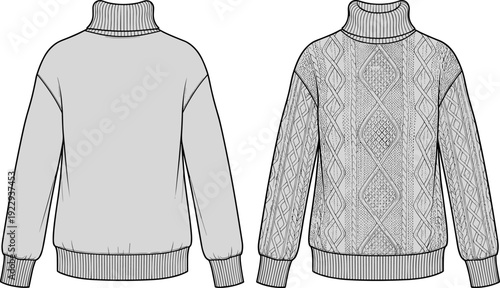 Cable Knit Turtleneck Sweater Front and Back View Technical Fashion Sketch in Flat Style
