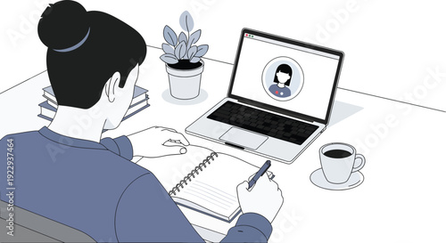 Woman working on laptop taking notes and participating in a video call