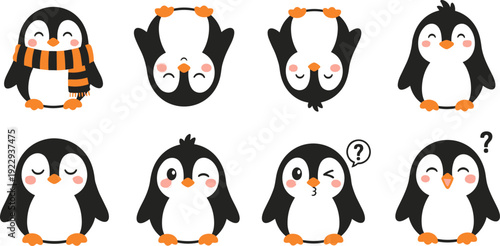 Cute Penguin Cartoon Character Set, Kawaii Bird Mascot with Different Emotions in Flat Illustration