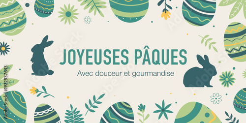 Bannière festive de Pâques avec œufs décoratifs, silhouettes de lapins et message Joyeuses Pâques. Idéale pour cartes, réseaux sociaux, site web et communication printanière