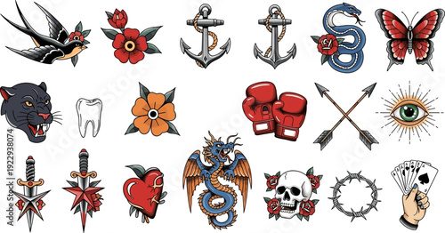 Large Set of Old School Traditional Tattoo Flash Icons and Symbols in Flat Illustration Style