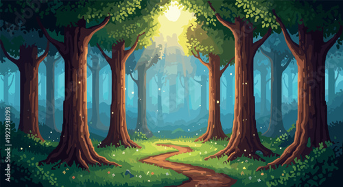 Enchanting forest path in morning light with lush greenery and majestic trees