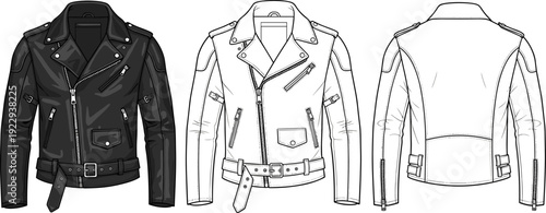 Men Leather Biker Jacket Fashion Technical Sketch Flat Illustration, Moto Design Template Vector