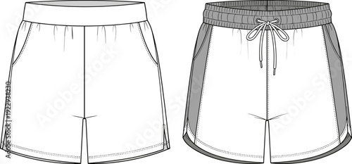 Men Sports Shorts Technical Sketch Set, Activewear Fashion Flat Illustration Isolated