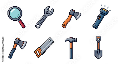 Pixel art tool icons: magnifying glass, wrench, axe, flashlight, hammer, shovel
