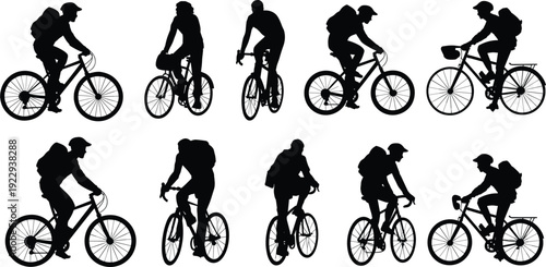 Silhouettes of Cyclists with Backpacks in Various Poses on White Background Keywords: cycling, cyclist, bicycle, bike